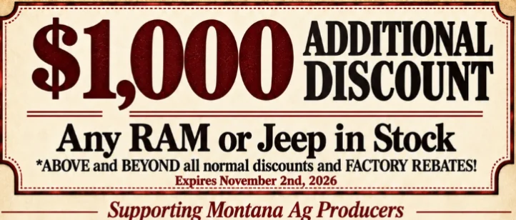$1000 Additional Discount Any RAM or Jeep in Stock
