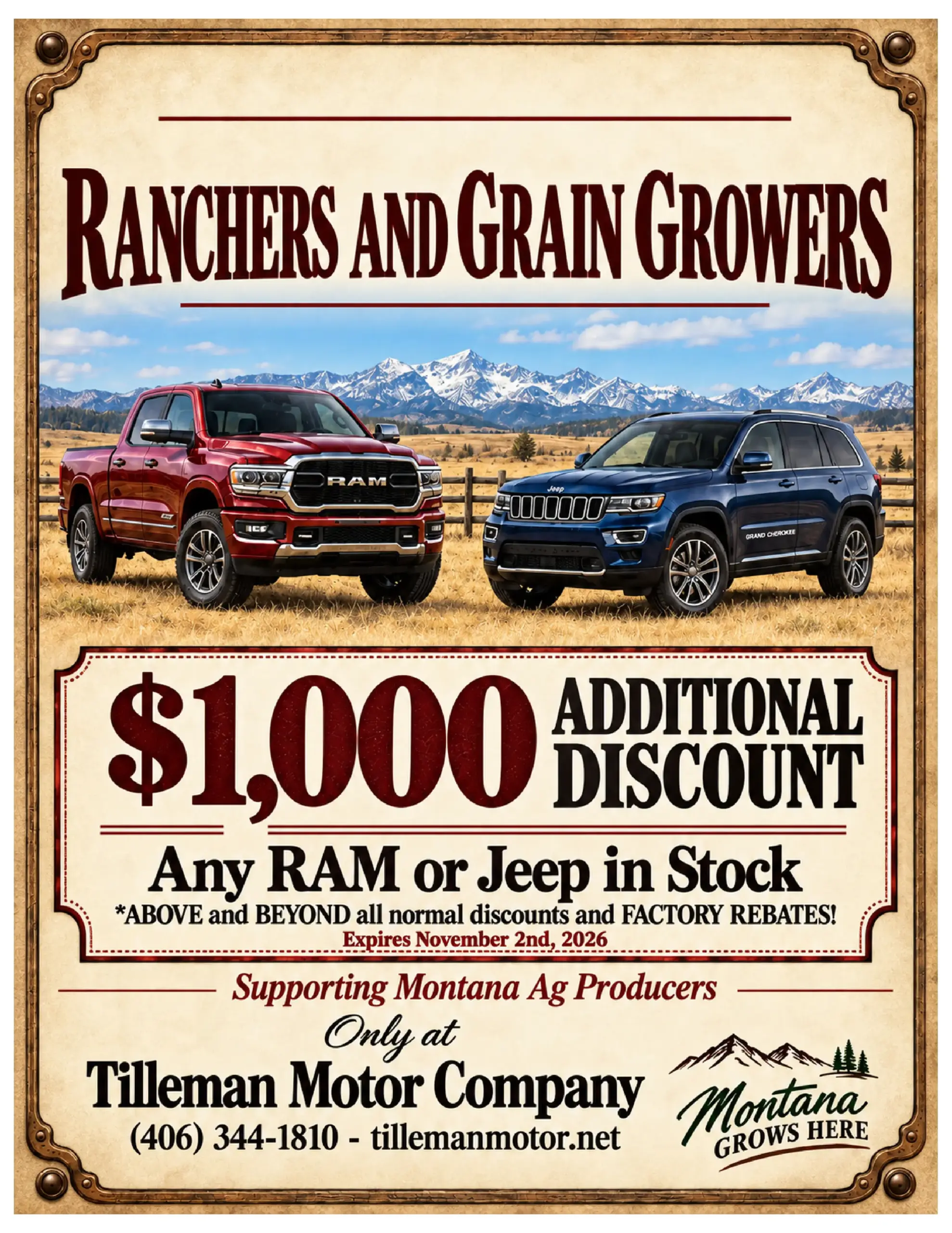 Ranchers and Grain Growers - $1,000 additional discount on any RAM or Jeep in stock